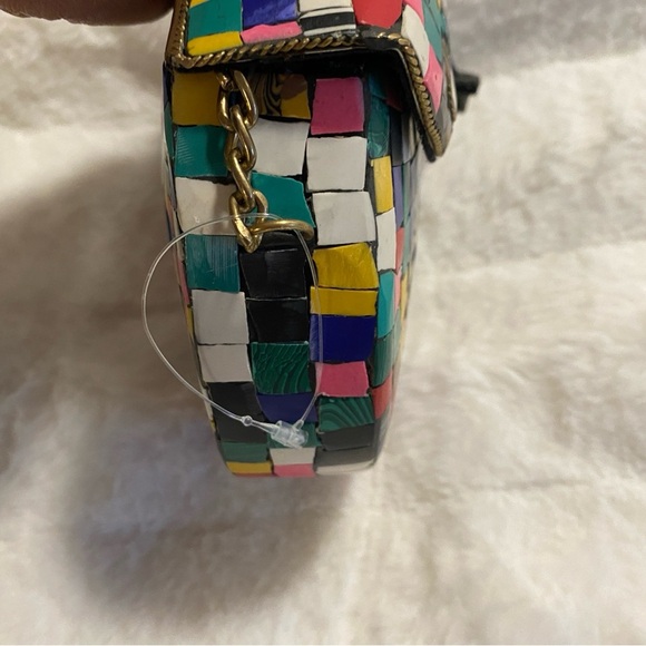 Like New/EUC Lulu Handmade Multicolor Mosaic Stone Metal Clutch/Crossbody Purse - Picture 6 of 11